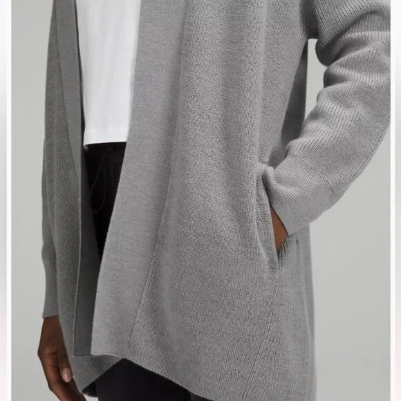 Lululemon Knit Cardigan Merino Wool Cotton Blend Gray Pockets Long Length - Picture 5 of 6